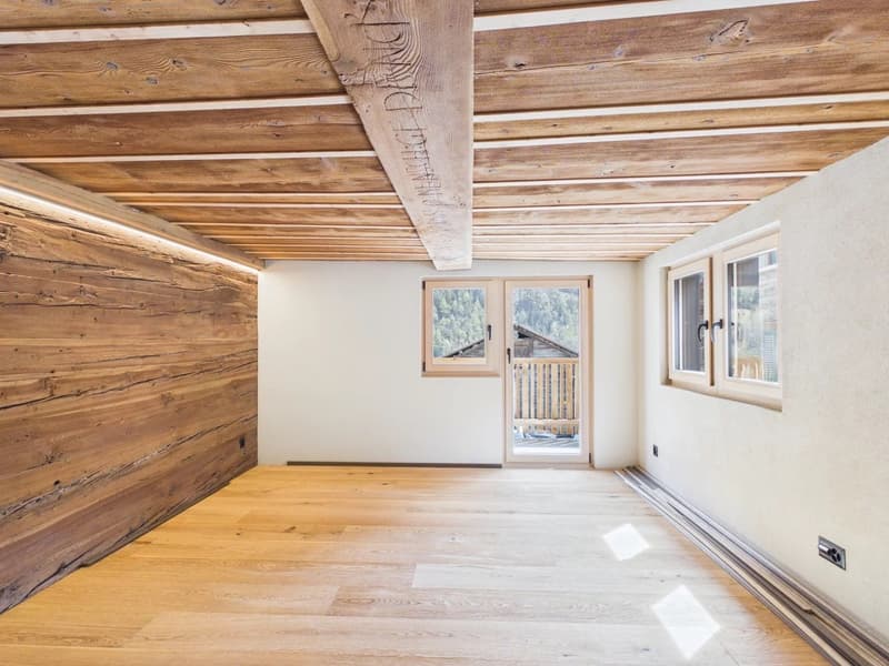 wooden ceiling, wooden wall, wooden floor, white walls, windows, balcony