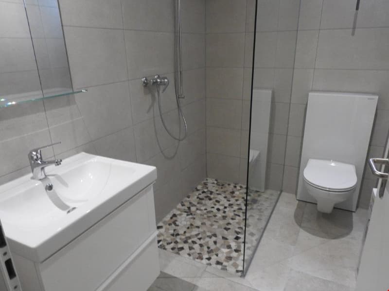 modern bathroom with white tiles, glass shower enclosure, white sink, white toilet, silver fixtures