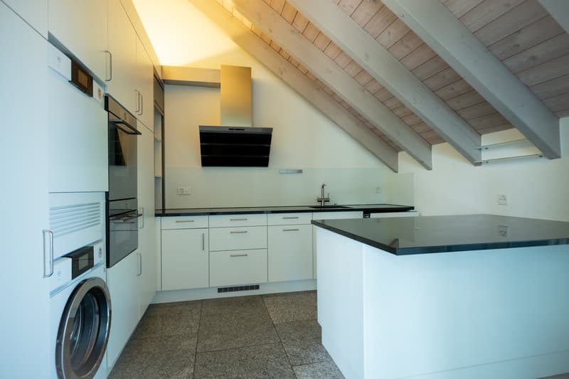 Modern kitchen with white cabinets, black countertops, built-in appliances including a washing machine and dishwasher, and a vaulted wooden ceiling with exposed beams.
