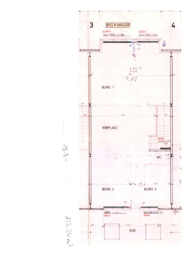 A floor plan with three distinct spaces marked as 'BURo 1', 'BURo 2', and 'BURo 3' with measurements