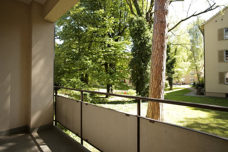 balcony, railing, trees, grass, pathway, distant building