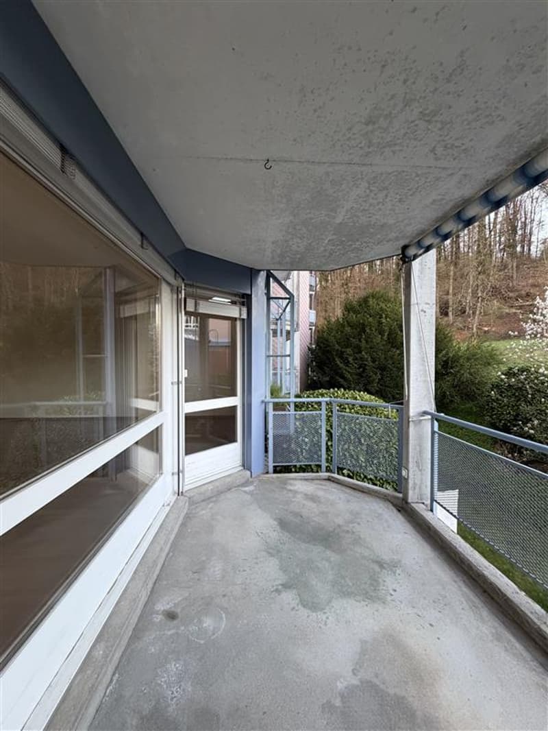balcony with glass doors, metal railing, concrete floor, glass windows