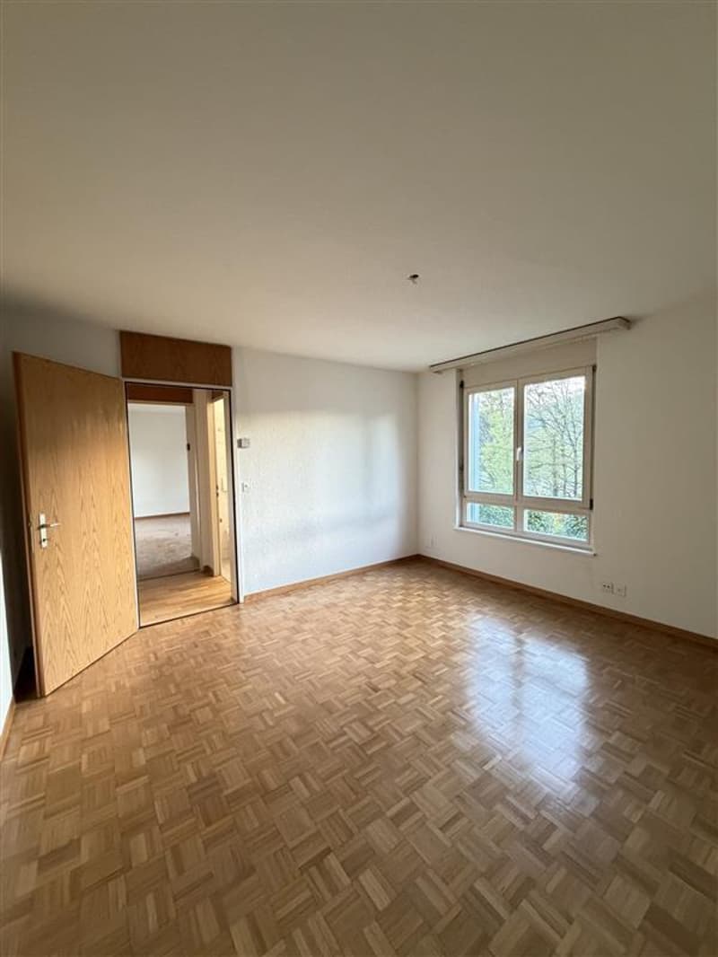 empty room, wooden parquet floor, white walls, large window, open door