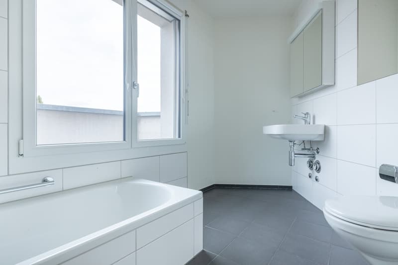 white bathtub, white sink, white toilet, white tiles, window