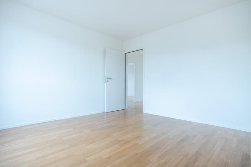 empty room, white walls, wooden floor, open door
