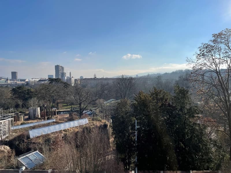 The image shows a panoramic view of a city skyline. The cityscape includes a mix of high-rise buildings, residential structures, and trees. The sky is clear with some clouds, and the overall scene appears to be during the daytime.