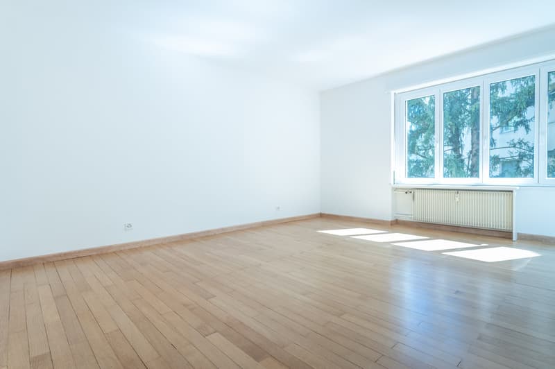 empty room, wooden floor, white walls, large windows, white radiator
