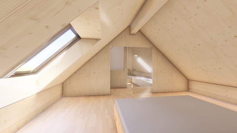 wooden walls, wooden floor, skylight, bed, mirror, bathroom