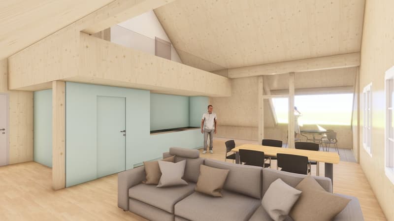 living room, kitchen, dining area, balcony