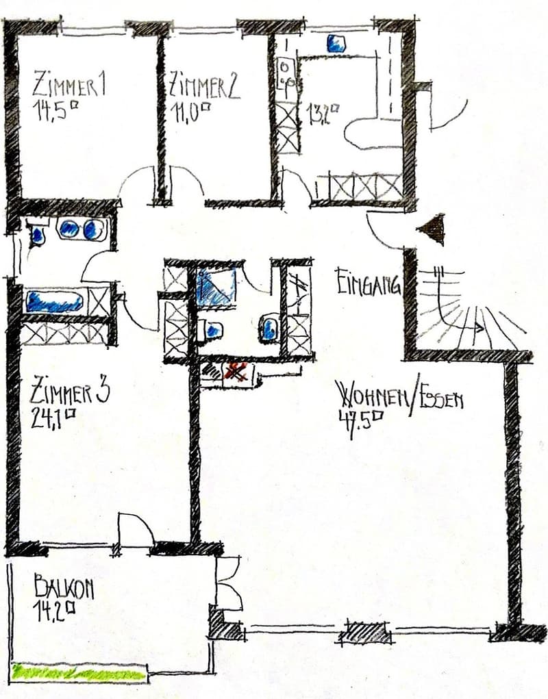 3 bedrooms, living room, kitchen, bathroom, entrance, balcony