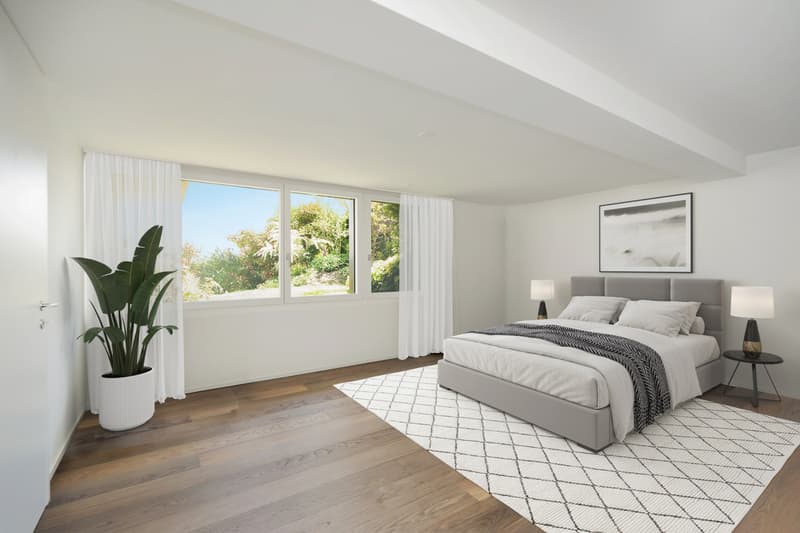 Studio / Gästezimmer im Erdgeschoss mit Nasszelle. Die Sanitäranschlüsse für eine Küche sind vorhanden (Möbel visualisiert)