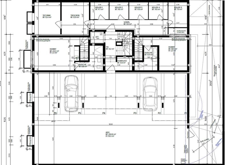 Grundriss Untergeschoss Wohnung W1, W2, Keller und AEH