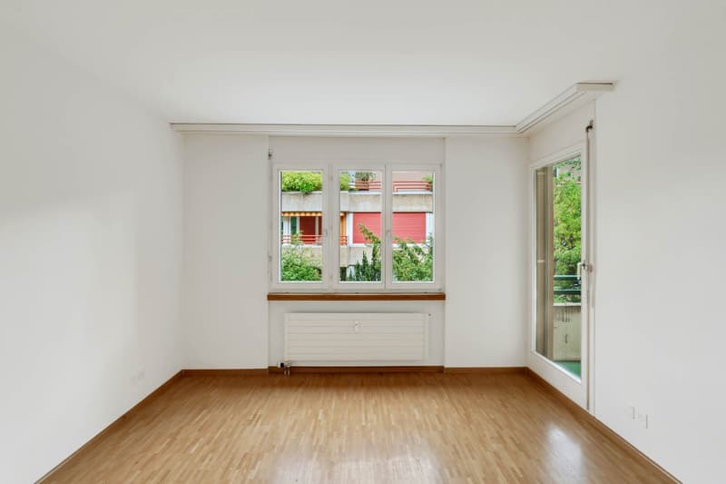empty room, wooden floor, white walls, white ceiling, windows, radiator, glass door, balcony