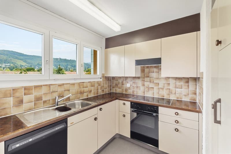 kitchen, countertop, sink, dishwasher, oven, tiled backsplash, windows