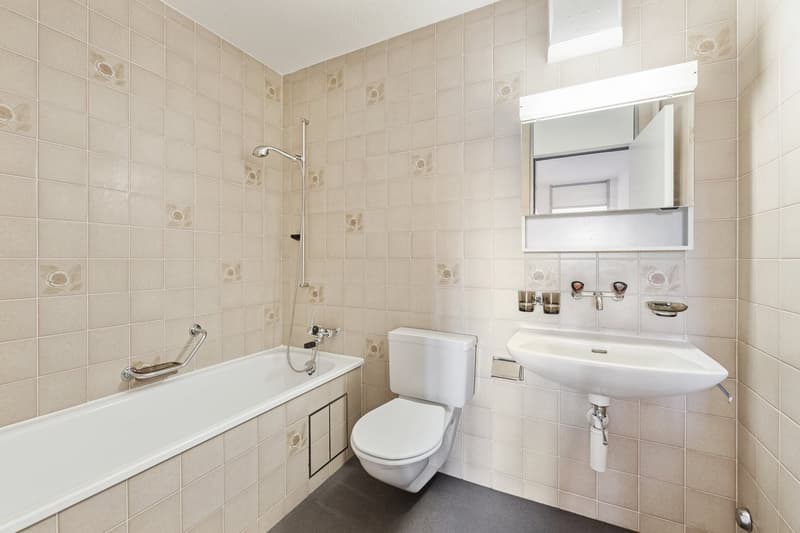 Bathroom with bathtub, toilet, sink, mirror, and shower