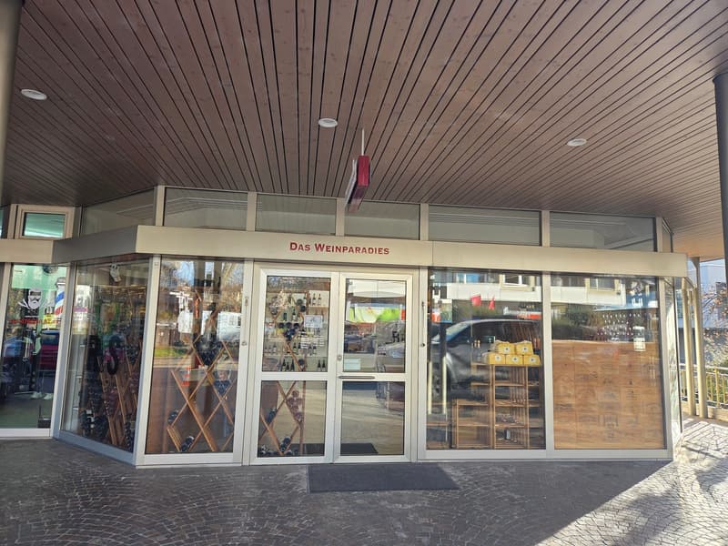 glass storefront, red sign 'DAS WEINPARADIES', entrance door, wine bottles on racks, car reflection