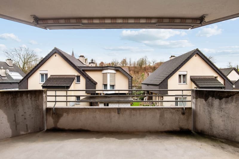 Empty balcony with a metal railing, overlooking a row of houses.
