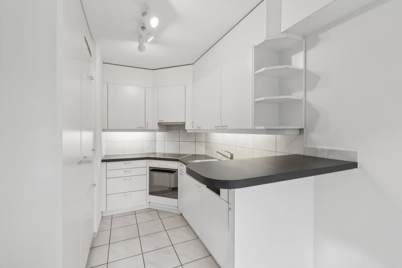 Modern kitchen with white cabinets, black countertops, and stainless steel sink.