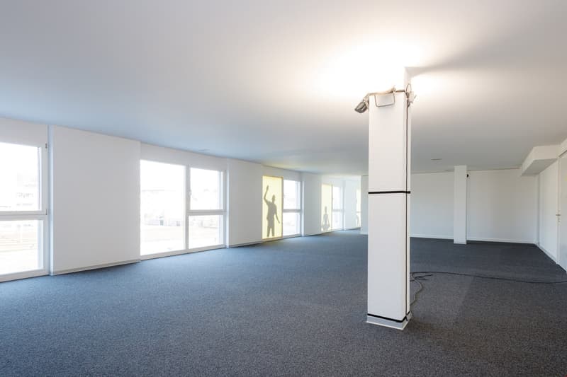 Large open office space with gray carpeted floor, white walls, and large windows providing natural light. The room appears to be empty, with a single standing lamp visible in the foreground.