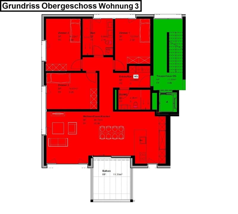 3 bedrooms, living room, kitchen, bathroom, balcony