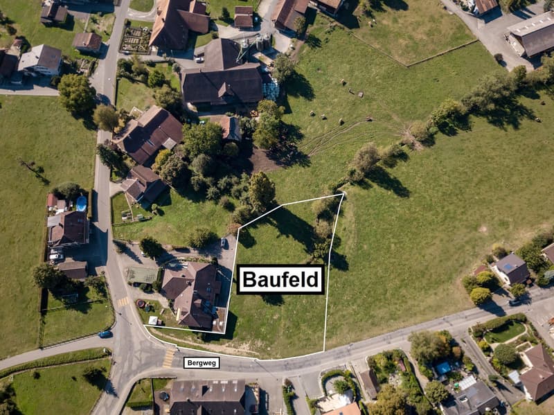 This image shows an aerial view of a small town or village called Baufeld. The town is surrounded by green fields and trees, with a road called Bergweg running through the center. The buildings in the town appear to be residential houses with red roofs. T