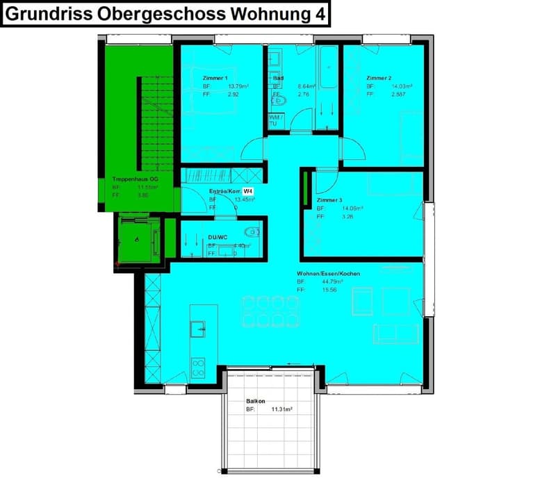 The floor plan shows a 3-bedroom apartment with a living room/kitchen, 3 bedrooms, a bathroom, and a balcony.