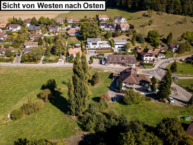 The image shows an aerial view of a residential area with a mix of houses and buildings. The houses have various architectural styles, including traditional and modern designs. There are several trees and green spaces throughout the area. Some of the visi