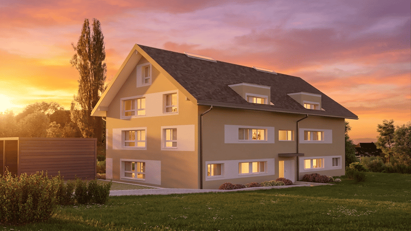 2 story house, yellow exterior, white trim, multiple windows, front yard with grass and plants