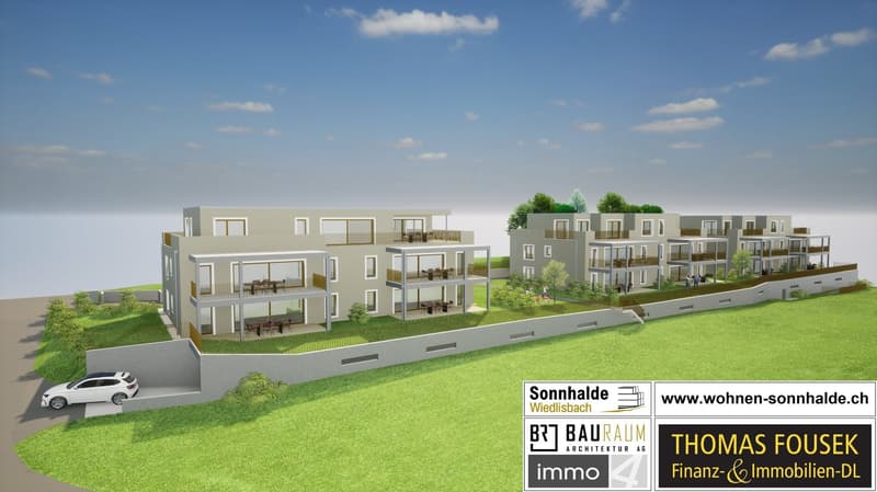 An architectural drawing of a modern residential complex with three separate buildings on elevated ground, each building features balconies on the second floor, and a small garden in front of each building.