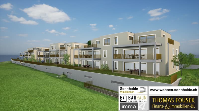 Apartment complex with multiple floors, balconies, garden, green grass