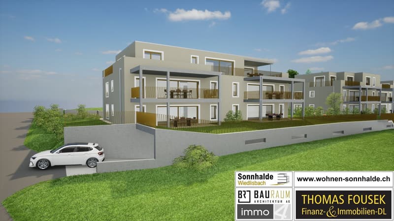 3 story apartment building with balconies, raised ground floor, and grass area