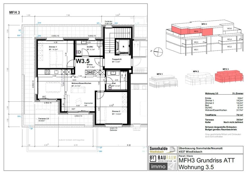 living room, kitchen, 3 bedrooms, 2 bathrooms, balcony, terrace