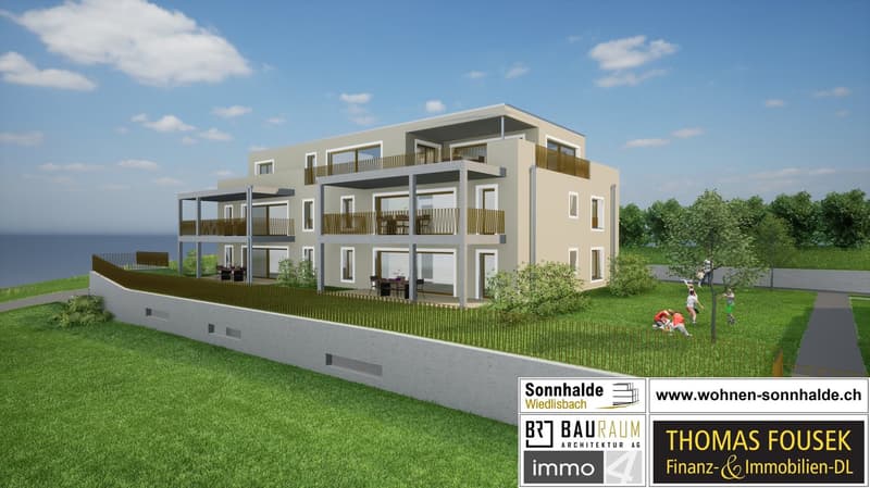 2 story house, balconies, glass walls, garden, grassy yard, fence