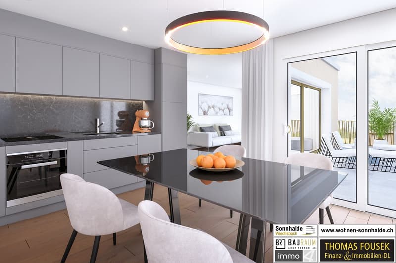 modern kitchen with granite countertop, integrated oven, dishwasher, dining table, large windows, balcony