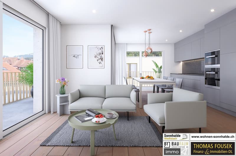 modern style living room with large windows, couches, coffee table, rug, dining table and chairs