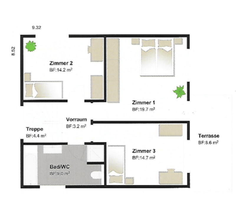 Living room, two bedrooms, bathroom, storage room, staircase, terrace