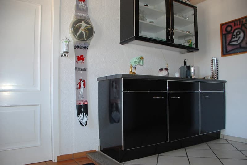modern kitchen with minimalist design, black cabinets, white door, decorative wall, modern appliances