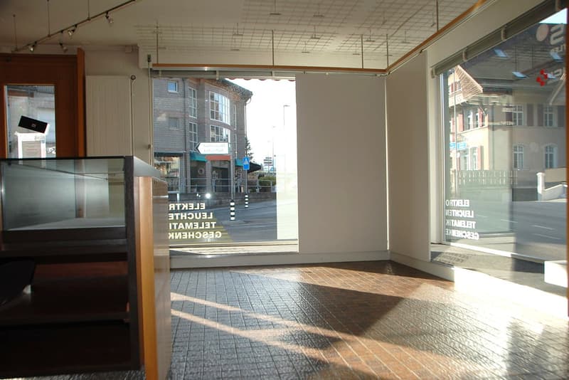 An empty hallway with shiny flooring, large glass walls, wooden partition, and ceiling lighting