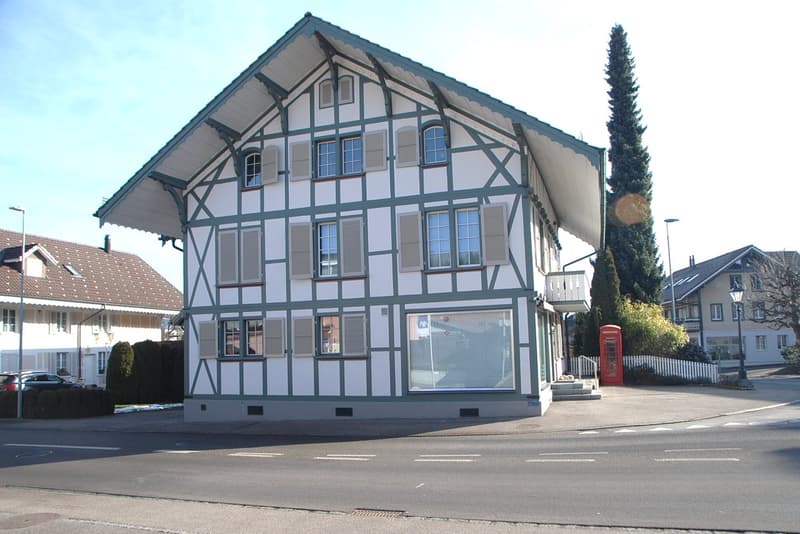 2 story house, white exterior, brown roof, glass door, multiple windows, shrubs, car parked on the left