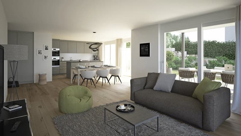 large open room with living area and dining area, modern kitchen, table, chairs, coffee table, green ottoman, carpet, large windows, balcony, garden view