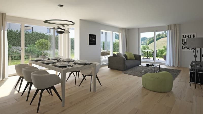 Dining and living room with modern furniture and glass windows