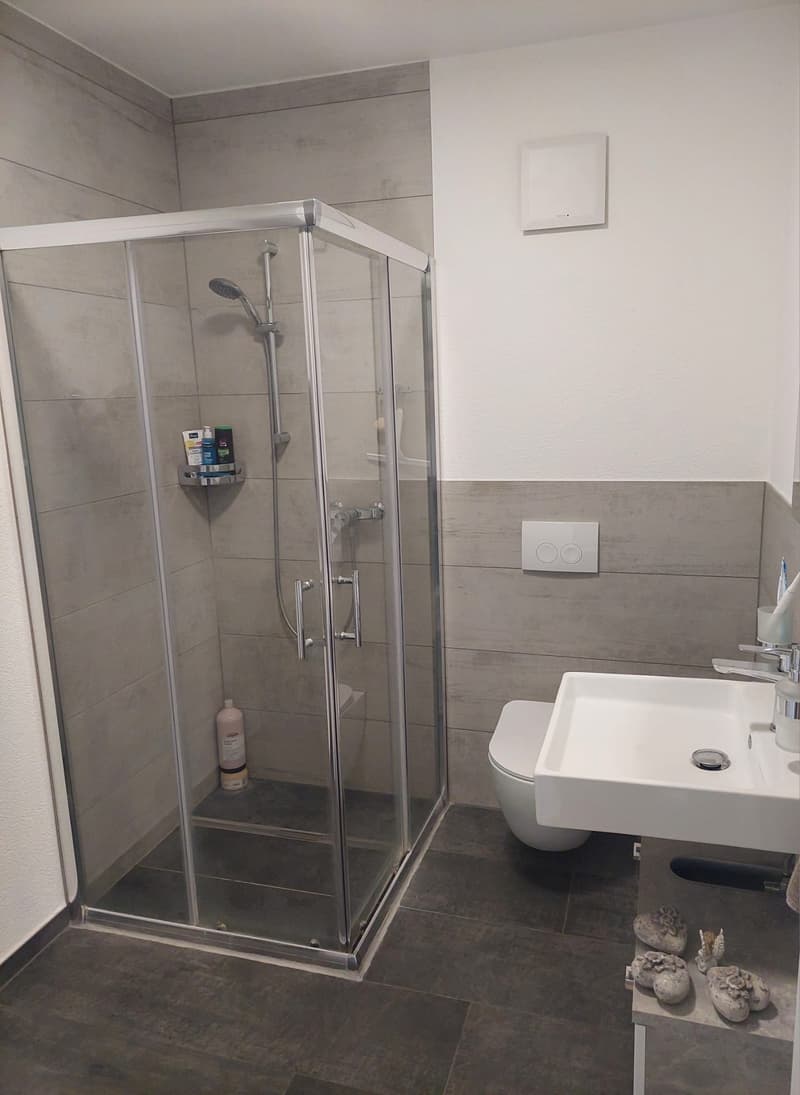 Modern bathroom with glass shower enclosure, white sink, white toilet, tiled floor, and wall-mounted fixtures.