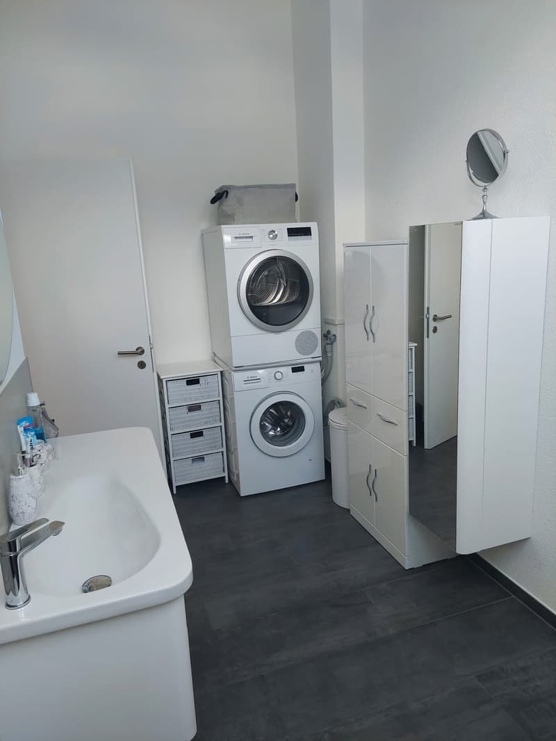 white sink, white cabinets, washing machine, dryer, trash bin, mirror, faucet