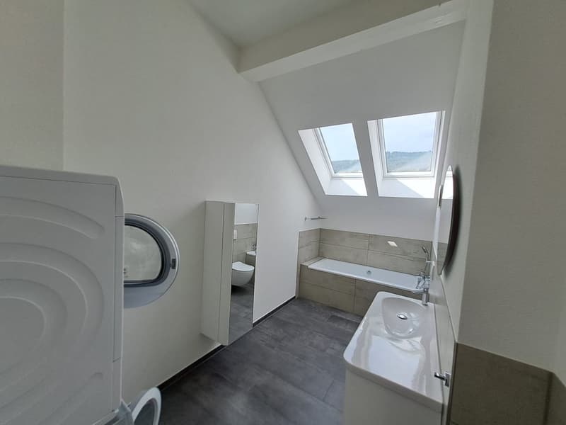 Bathroom with bathtub, sink, toilet, washing machine, and two skylights