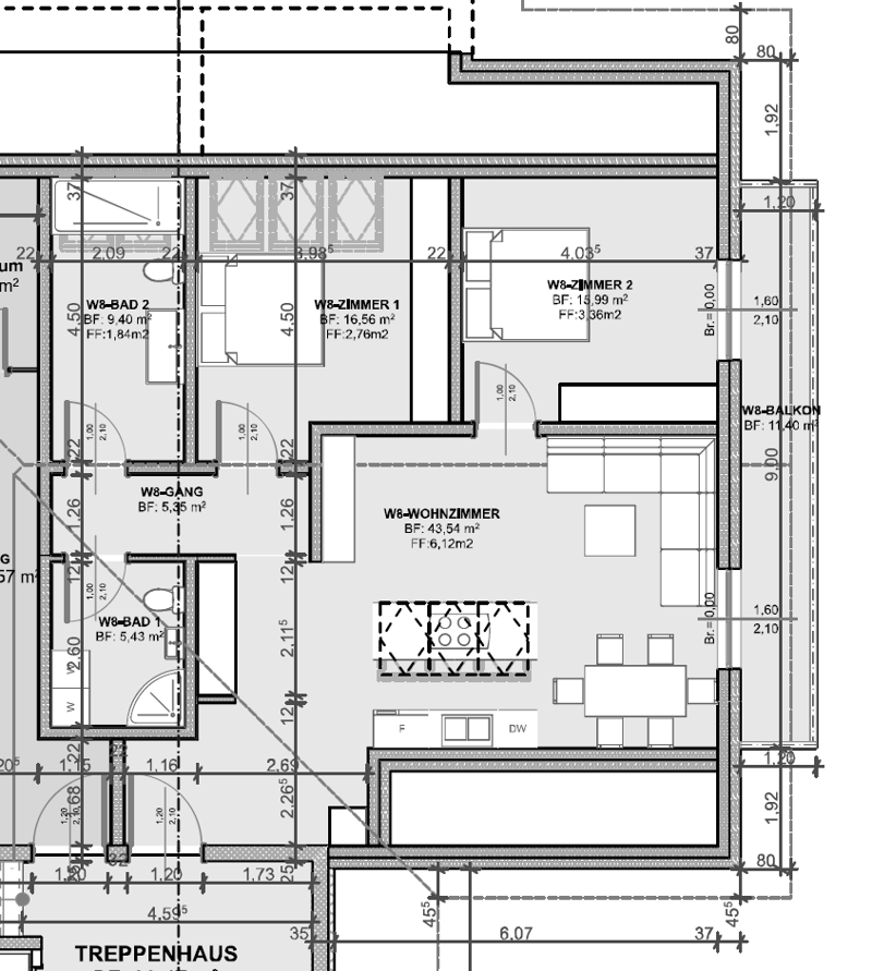 Bathroom, 2 bedrooms, living room, kitchen, hallway, balcony