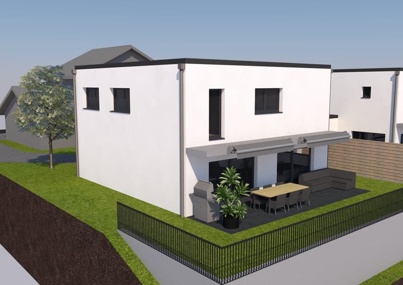 Modern white house with a terrace, outdoor dining table, outdoor sofa, and barbecue