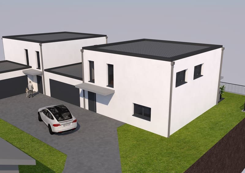 Modern two-storey house, white exterior, two garages, car parking, lawn
