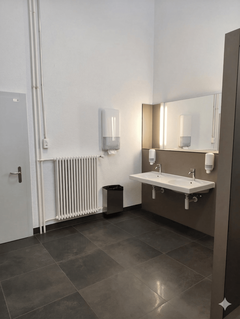 Bathroom with white walls, tiled floor, white radiator, double sink, mirror, and trash bin