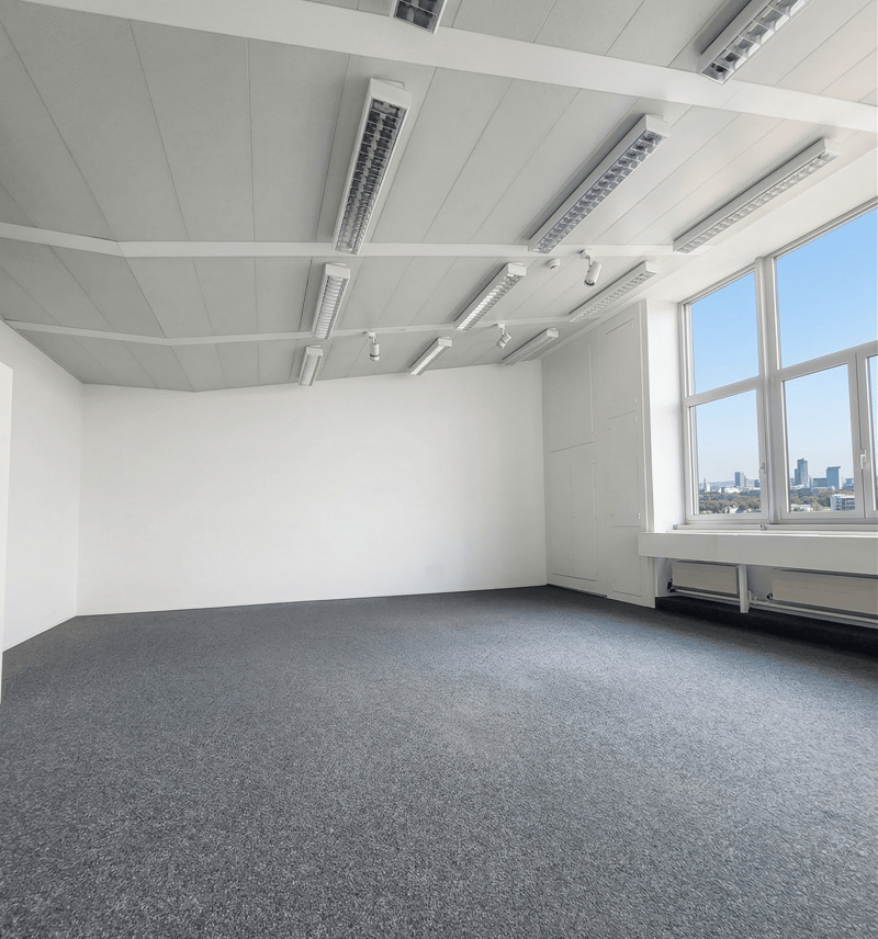 empty room, white walls, gray carpet, large windows, ceiling lights