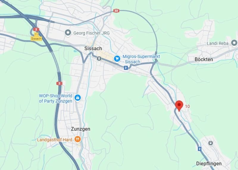 Map showing the location of an address in Sissach, Switzerland, with nearby landmarks and roads.
